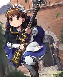  1girl boots brown_eyes brown_hair butler combat_maid door facial_hair flintlock grey_hair gun hair_ornament hairclip key leaf lena_(zoal) maid maid_headdress mustache official_art pantyhose pigtail rifle running serie_(shingeki_no_bahamut) shingeki_no_bahamut short_hair sparkle watermark weapon white_legwear 