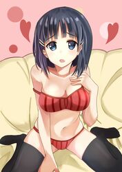  1girl black_hair black_legwear blue_eyes bra breasts cleavage hair_ornament hairclip highres kirigaya_suguha navel okutomi_fumi panties red_bra red_panties solo sword_art_online thighhighs underwear vertical-striped_bra vertical-striped_panties vertical_stripes 
