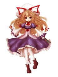  amanojaku blonde_hair blush bow curiosities_of_lotus_asia dress fan hair_bow hat hat_ribbon highres open_mouth purple_eyes ribbon smile solo thigh-highs thighhighs touhou umbrella violet_eyes white_legwear yakumo_yukari 