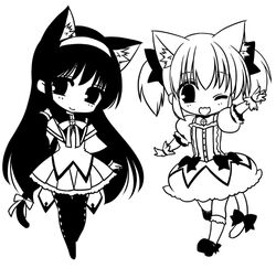  akemi_homura animal_ears blush cat_ears cat_tail chibi kaname_madoka kemonomimi_mode ko_ru_ri lowres mahou_shoujo_madoka_magica monochrome multiple_girls pantyhose simple_background smile tail white_background wink 