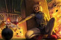  belt bomb bomberman clenched_teeth epic explosion fire hiding lighter multiple_boys noba pillar pipe pipes realistic serious shoes skin_tight squatting 