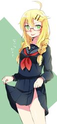  :p ahoge bespectacled blonde_hair blush glasses green_eyes hair_ornament hairclip hoshii_miki idolmaster long_hair looking_at_viewer school_uniform serafuku skirt skirt_lift smile solo tongue yuurinmoku 