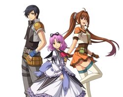  2girls belt black_hair brown_eyes brown_hair cropped_jacket dress eiyuu_densetsu enami_katsumi estelle_bright falcom fingerless_gloves frills gloves hair_intakes height_difference joshua_astray long_hair multiple_girls official_art orange_dress pants purple_hair renne shirt short_hair skirt smile sora_no_kiseki thigh-highs thighhighs twintails white_background white_legwear yellow_eyes 