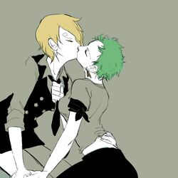  blonde_hair breasts closed_eyes emzy eyes_closed genderswap green_hair hair_over_one_eye kiss multiple_girls necktie one_piece pants roronoa_zoro sanji short_hair sideboob skirt t-shirt yuri 