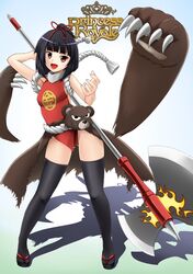  bear black_hair claws fuuma_nagi genderswap highres kintarou original poleaxe princess_royale red_eyes rope short_hair solo thigh-highs thighhighs topknot 