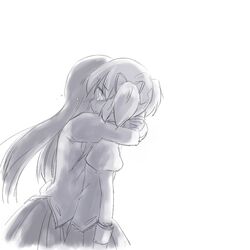  akemi_homura hug kaname_madoka ko_ru_ri long_hair mahou_shoujo_madoka_magica monochrome multiple_girls school_uniform simple_background tears white_background 
