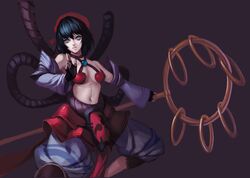 bare_shoulders black_hair blue_eyes copyright_request detached_sleeves fingerless_gloves gloves highres midriff mr_metal navel rope short_hair simple_background solo staff 