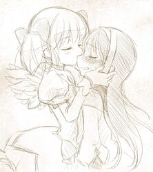  akemi_homura blush closed_eyes eyes_closed gloves kaname_madoka kiss ko_ru_ri long_hair magical_girl mahou_shoujo_madoka_magica monochrome multiple_girls tears wings 
