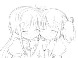  akemi_homura blush cheek-to-cheek closed_eyes eyes_closed kaname_madoka ko_ru_ri long_hair luminous_(madoka_magica) mahou_shoujo_madoka_magica monochrome multiple_girls simple_background smile white_background 