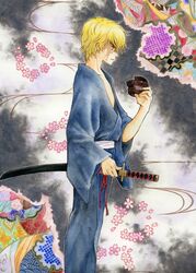  blonde_hair flower gundam gundam_00 mister_bushido profile scar short_hair solo sword traditional_media watercolor_(medium) weapon yukaxcat 