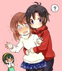  ? @_@ black_hair blue_eyes blush brown_hair green_hair hagiwara_yukiho hairband hoodie hug hug_from_behind idolmaster kikuchi_makoto open_mouth otonashi_kotori pantyhose red_eyes short_hair skirt sotei sweater 