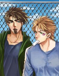  2boys bad_boy blonde_hair blue_eyes brown_hair caesar_anthonio_zeppeli contemporary facial_mark fence green_eyes hoodie jojo_no_kimyou_na_bouken joseph_joestar_(young) mouth_hold multiple_boys popsicle 