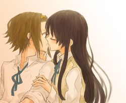  black_hair brown_hair gogono_pan'ya gogono_pan'ya k-on! kiss long_hair revision school_uniform short_hair sleeves_rolled_up tainaka_ritsu yuri 