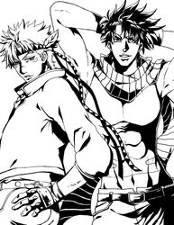  2boys bad_boy caesar_anthonio_zeppeli facial_mark fingerless_gloves gloves headband jacket jojo_no_kimyou_na_bouken joseph_joestar_(young) midriff monochrome multiple_boys scarf 