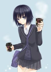  bag black_eyes black_hair blush cardigan coffee cup drink hosi-gaki light_smile mcdonald's mcdonald's nanasaki_ai school_bag school_uniform short_hair simple_background skirt steam strap_cleavage sweater_vest 