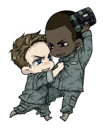  blue_eyes bomb brown_eyes brown_hair c4 chibi clenched_teeth dark_skin grabbing holding military military_uniform multiple_boys sky360 smirk tears the_hurt_locker uniform 