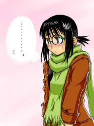  1girl black_hair blush brown_eyes coat genshiken glasses ogiue_chika scarf short_hair short_ponytail solo winter_clothes 