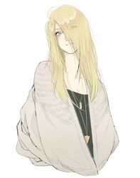  1girl eyelashes fashion green_eyes hair_over_one_eye jewelry long_hair looking_at_viewer necklace original portrait serious simple_background solo torisoboro white_background 