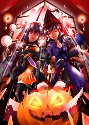  2girls black_wings bomb bow candle glowing glowing_eyes grin hakurei_reimu halloween hat knife long_hair multiple_girls mura_saki pumpkin scythe shameimaru_aya short_hair smile thigh-highs thighhighs tokin_hat touhou weapon wings witch_hat 