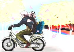  casual driving goggles helmet ikari_shinji laughing motor_vehicle multiple_boys nagisa_kaworu neon_genesis_evangelion scooter sitting vehicle 
