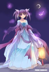  aisha_(elsword) alternate_costume artist_name bat blue_dress brooch dress elsword highres jewelry lantern purple_background purple_hair short_hair solo swd3e2 twintails 