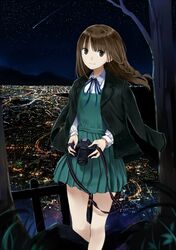 braid brown_eyes brown_hair camera city fence grass highres holding long_hair looking_at_viewer maigo_(neko) night night_sky original ribbon shooting_star single_braid skirt sky smile solo tree 