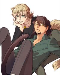  ai-zawa animal_ears barnaby_brooks_jr blonde_hair brown_hair cat_ears facial_hair glasses green_eyes kaburagi_t_kotetsu kemonomimi_mode multiple_boys stubble tiger_&amp;_bunny wink yellow_eyes 
