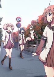  ahoge akaza_akari black_hair black_legwear blonde_hair bow funami_yui hair_bobbles hair_bow hair_bun hair_intakes hair_ornament kneehighs loafers long_hair multiple_girls outdoors pink_hair railing red_hair redhead road_sign school_uniform serafuku shoes short_hair sidewalk sign sitting tata_(tataice) toshinou_kyouko tree twintails yoshikawa_chinatsu yuru_yuri 