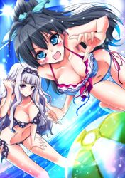  :d ball beachball bikini black_hair blue_eyes breasts brown_hair cleavage dutch_angle fang ganaha_hibiki grey_hair horizon idolmaster looking_at_viewer multiple_girls natsu_(anta_tte_hitoha) open_mouth polka_dot polka_dot_bikini polka_dot_swimsuit ponytail purple_eyes shijou_takane side-tie_bikini smile swimsuit thigh_gap violet_eyes 
