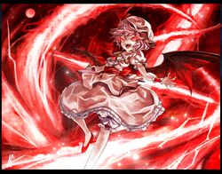  1girl bat_wings fangs hat hat_ribbon kozou_(soumuden) lavender_hair red_eyes remilia_scarlet ribbon short_hair solo touhou wings wrist_cuffs 