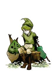  closed_eyes eyes_closed fado green_hair hat hosakan_no.2 instrument korok makar mask pointy_ears sitting the_legend_of_zelda tree_stump violin wind_waker 