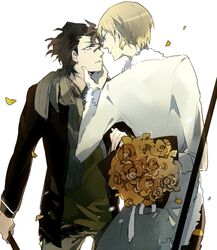  ahoge black_hair blonde_hair bouquet fate/zero fate_(series) flower gilgamesh grant_george lancer_(fate/zero) mole multiple_boys petals seiyuu_connection suou yellow_eyes 