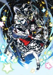  2girls black_eyes black_hair blonde_hair detached_sleeves frills hair_ribbon hair_tubes hat hat_ribbon kirisame_marisa multiple_girls ribbon star touhou traditional_media tsubameyado witch_hat yellow_eyes 