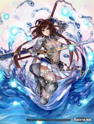  arm_up armor bow bra breasts brown_eyes brown_hair cleavage dual_wielding force_of_will gauntlets hair_bow long_hair looking_at_viewer metal_gloves midriff navel pink_bra pink_legwear pisuke skirt smile solo sword thigh-highs thighhighs twintails underwear upskirt weapon 