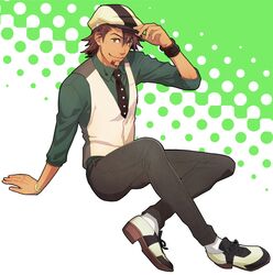  bracelet brown_eyes brown_hair cabbie_hat facial_hair halftone hat jewelry kaburagi_t_kotetsu male necktie shidatsu_takayuki sitting solo stubble tiger_&amp;_bunny vest waistcoat watch wristwatch 