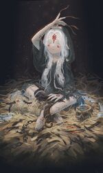  bird blood body_writing book candle chain chains closed_eyes crow cuffs dagger eyes_closed feathers fingernails long_fingernails long_hair long_nails original ritual seeker shackles sitting skull solo tattoo weapon white_hair 