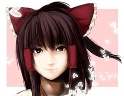  bow brown_eyes brown_hair bust face hair_bow hair_tubes hakurei_reimu heart leon_7 lips long_hair looking_at_viewer portrait smile solo touhou 