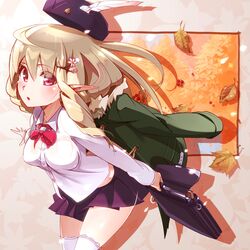  :o blonde_hair blush hair_ornament hat hat_removed headwear_removed highres holding leaf long_hair looking_at_viewer original pink_eyes pointy_ears pomon_illust school_briefcase school_uniform shirt skirt solo white_shirt 