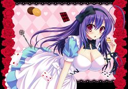  ahoge biscuit blush breasts card cleavage dress hairband key kuroe_(sugarberry) kurokami_medaka medaka_box open_mouth playing_card purple_hair red_eyes solo 