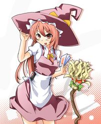  alternate_color bow braid broom chiyoko_(chiyohan) hat kirisame_marisa kirisame_marisa_(classic) long_hair red_hair redhead solo spell_card touhou what witch_hat 