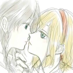  2girls alice_margatroid blonde_hair blue_eyes close-up face hairband incipient_kiss izayoi_sakuya lowres multiple_girls nkktmrrr profile short_hair silver_hair sketch touhou yuri 