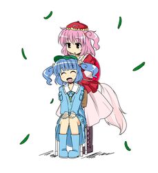  blue_hair closed_eyes cucumber eyes_closed hair_bobbles hair_ornament kawashiro_mitori kawashiro_nitori multiple_girls nibi nichijou open_mouth original parody pink_hair red_eyes simple_background sitting smile touhou white_background 
