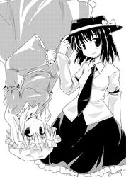  breasts hat long_hair looking_at_viewer maribel_hearn monochrome multiple_girls necktie nibi rotational_symmetry simple_background smile touhou usami_renko white_background 