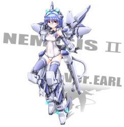  adjusting_glasses animal_ears bespectacled blue_hair bob_cut cat_ears cat_tail cyber_angels_valforce densou_tenshi_valforce elbow_gloves flat_chest glasses gloves hair_ornament highres kannagi_ai karukan_(monjya) kemonomimi_mode mecha_musume one-piece_swimsuit red-framed_glasses red_eyes school_swimsuit short_hair solo swimsuit tail thrusters white_swimsuit 