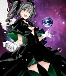 :d black_dress breasts center_opening cleavage cosplay dress gloves grey_hair idolmaster idolmaster_cinderella_girls kanzaki_ranko long_hair mahou_shoujo_madoka_magica nobita open_mouth planet smile solo twintails ultimate_madoka ultimate_madoka_(cosplay) white_gloves wings 