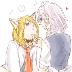 2girls ? alice_margatroid animal_ears cat_ears choker heart izayoi_sakuya lowres multiple_girls necktie nkktmrrr short_hair speech_bubble touhou wince 
