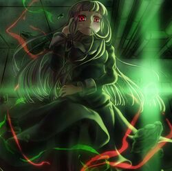  asagami_fujino bangs blunt_bangs dress glowing glowing_eyes isizaki0204 kara_no_kyoukai long_hair purple_hair red_eyes remi_(isizaki0204) school_uniform solo 