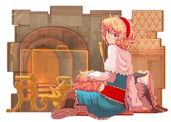  alice_margatroid black_legwear blonde_hair blue_eyes boots braid capelet fireplace hairband hand_on_another's_head hand_on_another's_head kirisame_marisa long_hair multiple_girls pantyhose ryuhey school_uniform single_braid sitting skirt smile touhou 