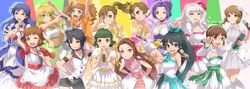  adjusting_glasses akizuki_ritsuko antenna_hair arms_up bare_shoulders black_hair blonde_hair blue_eyes blue_hair blush breasts brown_eyes brown_hair don_michael dress flower futami_ami futami_mami ganaha_hibiki glasses green_eyes green_hair hagiwara_yukiho hair_flower hair_ornament hair_ribbon hairband hands_on_hips highres hoshii_miki idolmaster kikuchi_makoto kisaragi_chihaya long_hair microphone midriff minase_iori miura_azusa multiple_girls open_mouth otonashi_kotori outstretched_hand pointing ponytail red_eyes ribbon shijou_takane short_hair siblings side_ponytail smile takatsuki_yayoi twins wink 