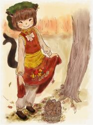  ^_^ animal_ears autumn basket cat_ears chen chestnut child closed_eyes eyes_closed flower ikumi multiple_tails skirt_basket smile solo tail touhou tree 